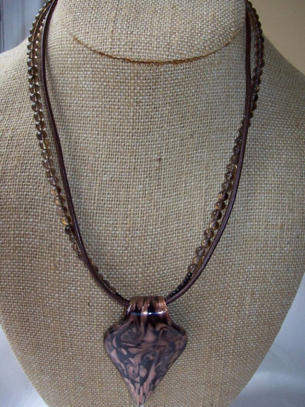 New Smoky Quartz/Brown Leather/Glass Pendant/Sterling Silver Necklace